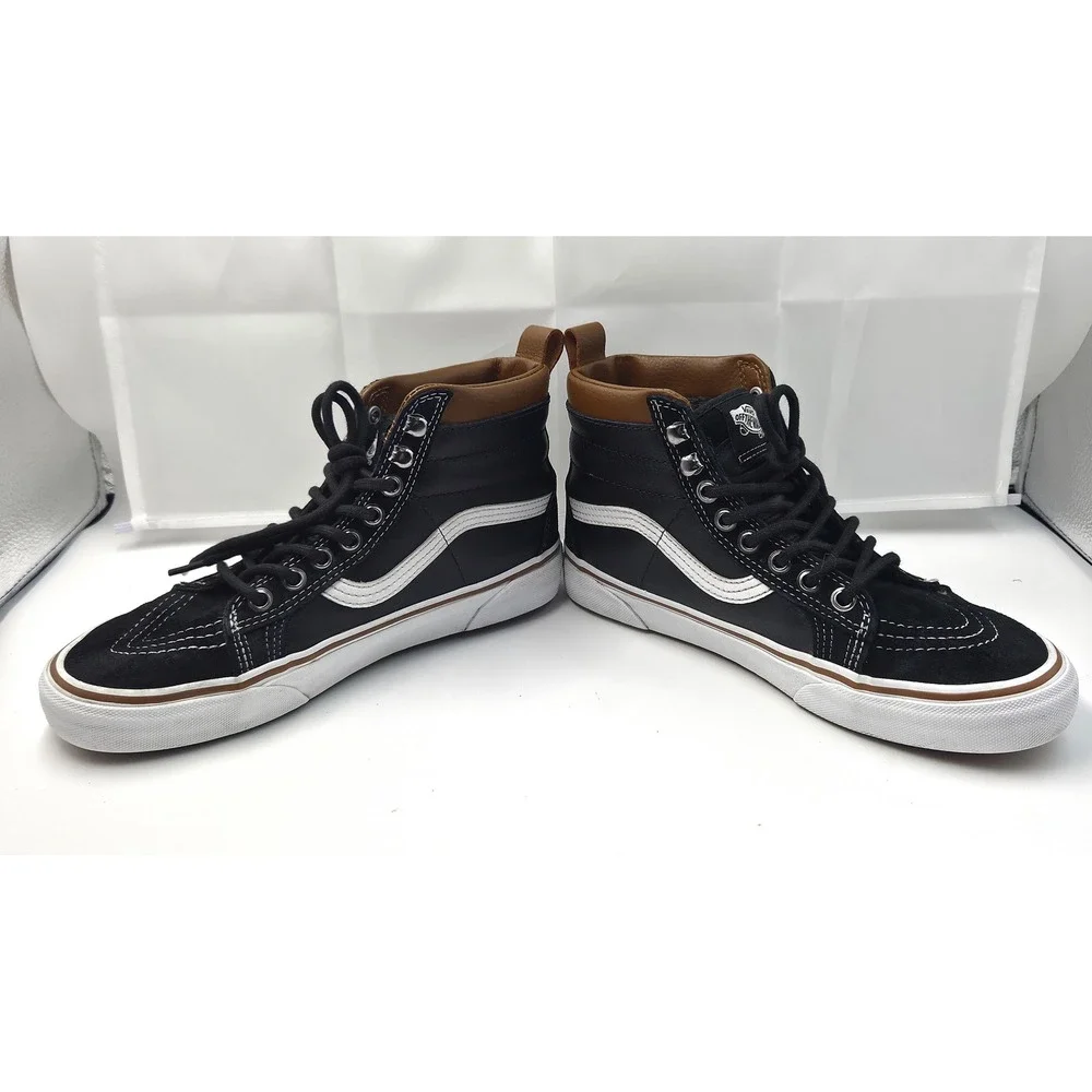 Vans Sk8-Hi MTE Black Leather Suede High Top Sneakers Brown Trim Faux Fur Lining